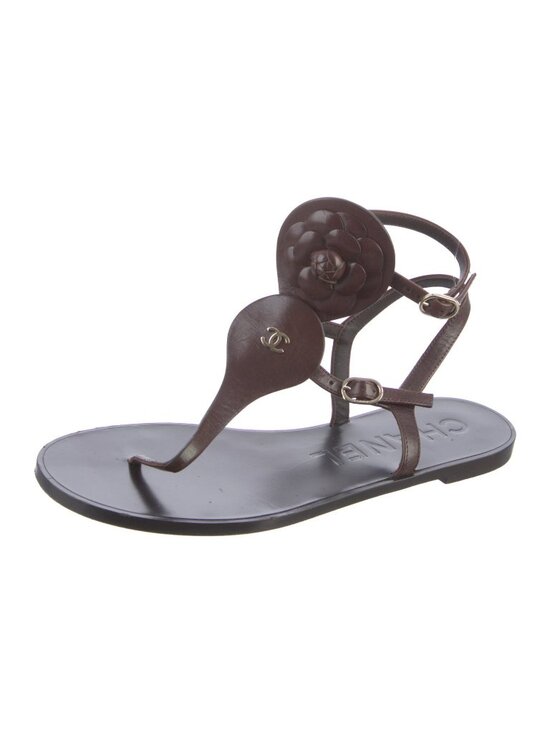 CHANEL CC Logo Camellia Brown Leather T-Strap Gladiator Sandals